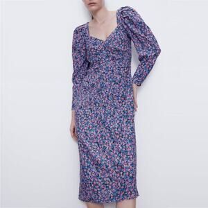 2/$30 ZARA Floral Puff Long Sleeve Sundress XS Cutout Tie Neck Back Slit #6980